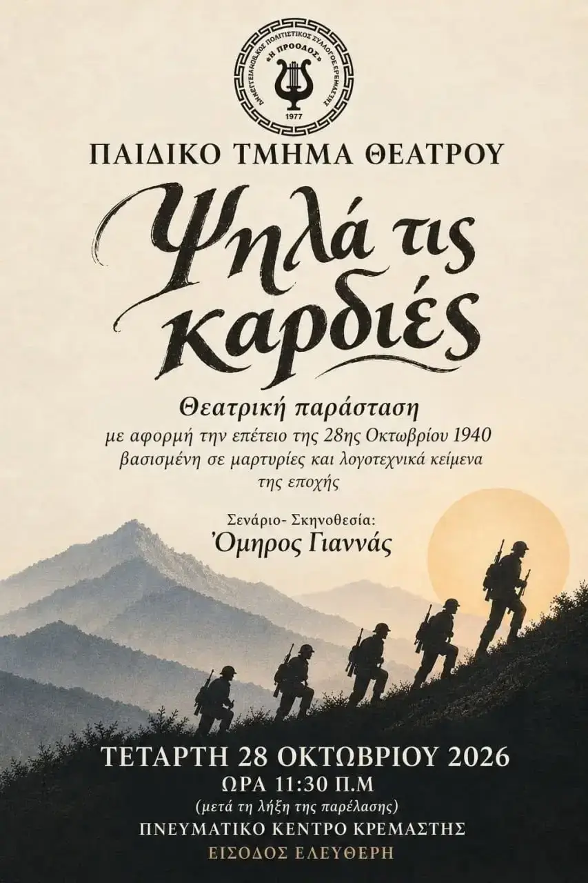«Ψηλά τις Καρδιές»: Θεατρική παράσταση από το Παιδικό Τμήμα Θεάτρου του Συλλόγου «Η Πρόοδος»