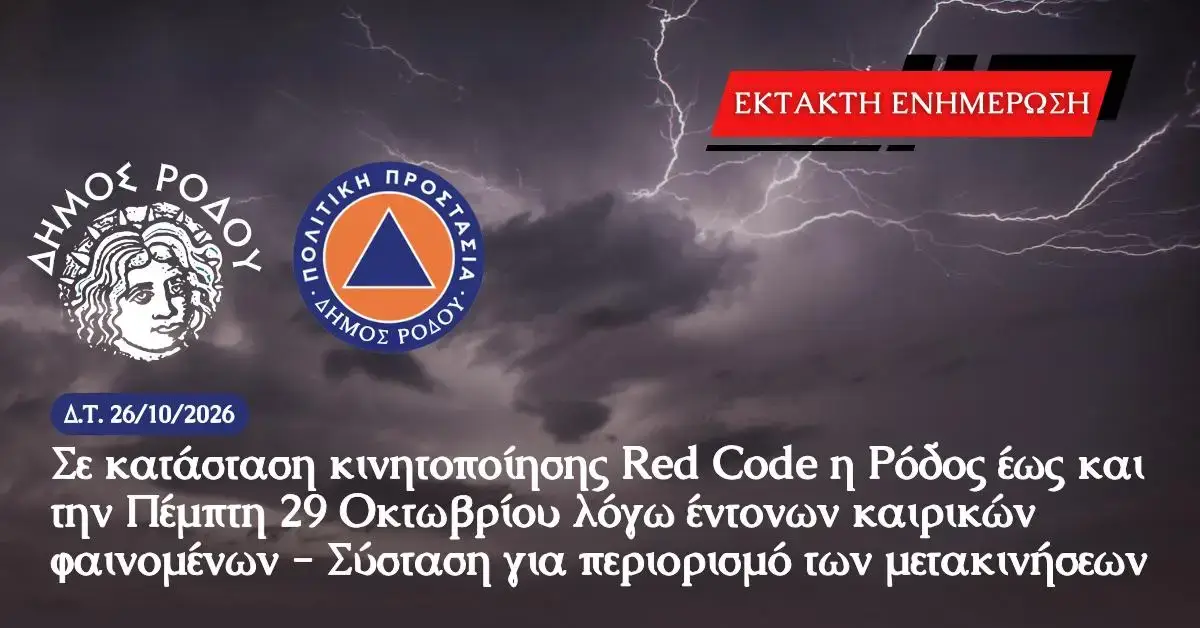 Σε κατάσταση Red Code τίθεται η Ρόδος έως τις 29 Οκτωβρίου λόγω κακοκαιρίας: Σύσταση της Πολιτικής Προστασίας για περιορισμό των μετακινήσεων εξαιτίας επικίνδυνων φαινομένων